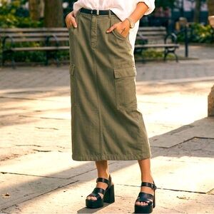 Reformation Maggi Cargo Midi Skirt Olive Green Organic Cotton Back Slit Size 28